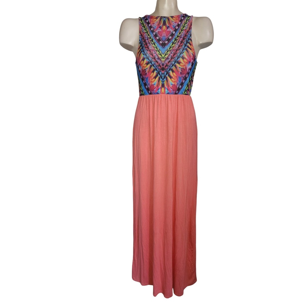 12PM by Mon Ami Womens S Coral Pink Tribal Print‎ Sleeveless Maxi Dress D8068